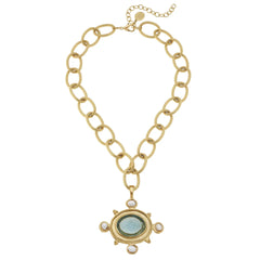 Susan Shaw Aqua Venetian Glass Bee Intaglio with Handset Freshwater Pearls On Gold Chain Necklace