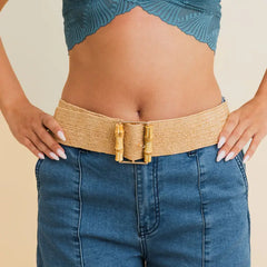 Elastic Raffia and Bamboo Buckle Waist Belt - 2 Colors