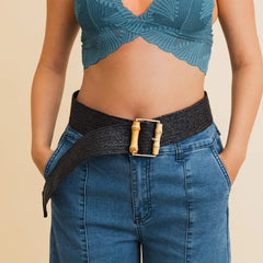 Elastic Raffia and Bamboo Buckle Waist Belt - 2 Colors
