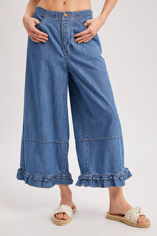 Denim Wide-Leg Ruffled Hem Bloomer Jeans