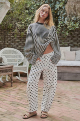 Polka Dot Print Cotton Barrel Leg Jeans