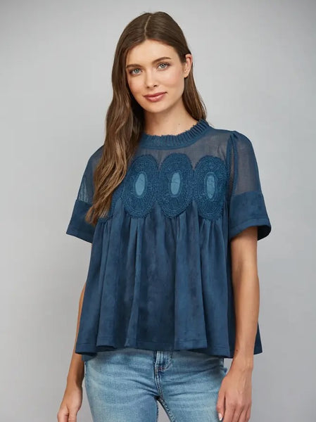 Kendall Mesh Top - Teal Blue Suede