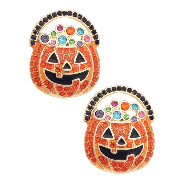 Bejeweled Jack-O'-Lantern Stud Earrings in Orange & Black