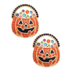 Bejeweled Jack-O'-Lantern Stud Earrings in Orange & Black