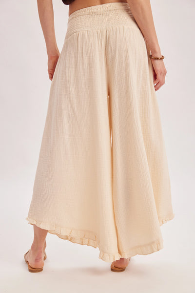 Cleo Smocked Waistband Ruffle Trim Wide Leg Pants