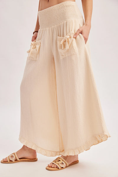 Cleo Smocked Waistband Ruffle Trim Wide Leg Pants