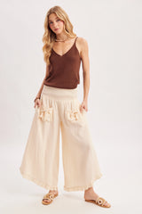 Cleo Smocked Waistband Ruffle Trim Wide Leg Pants