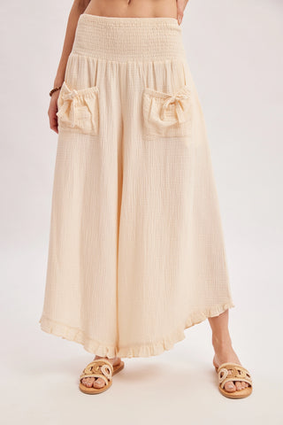 Cleo Smocked Waistband Ruffle Trim Wide Leg Pants