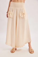 Cleo Smocked Waistband Ruffle Trim Wide Leg Pants
