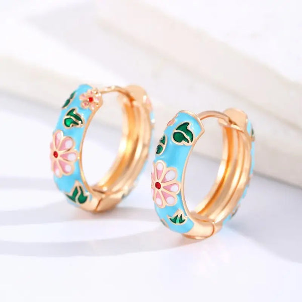 Vintage Cloisonne Enamel Floral Hoop Earrings