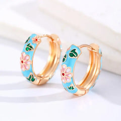 Vintage Cloisonne Enamel Floral Hoop Earrings