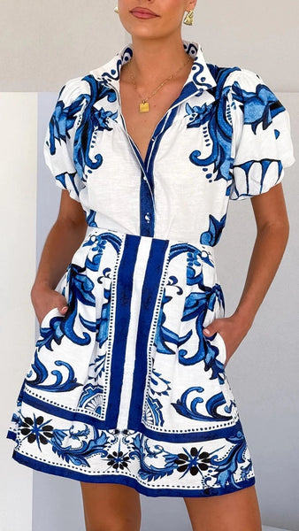 French Puff Sleeve Skirt Set - 2 Colors