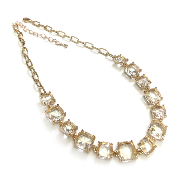 Cushion Cut Square Glass Crystal Linked Chain Necklace - 3 Colors