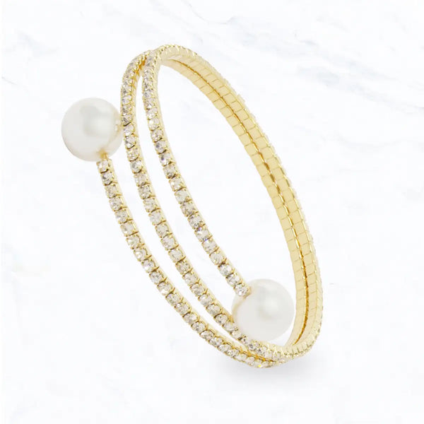 Double Pearl & Crystal Flex Cuff Bracelet