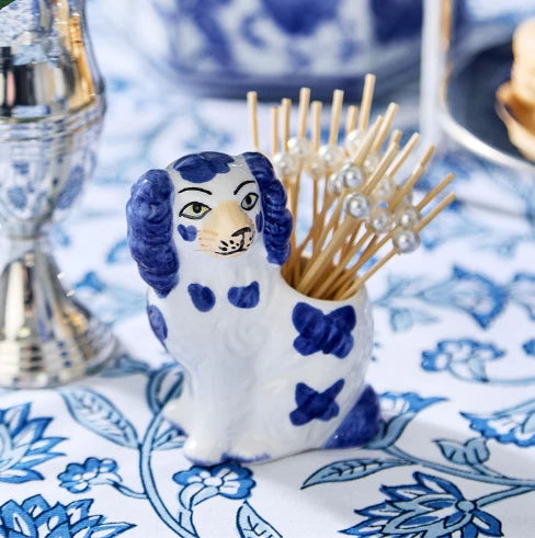Hand Painted Blue and White Staffordshire Dog with 20 Appetizer Picks
