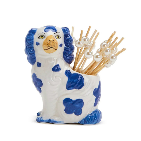 Hand Painted Blue and White Staffordshire Dog with 20 Appetizer Picks