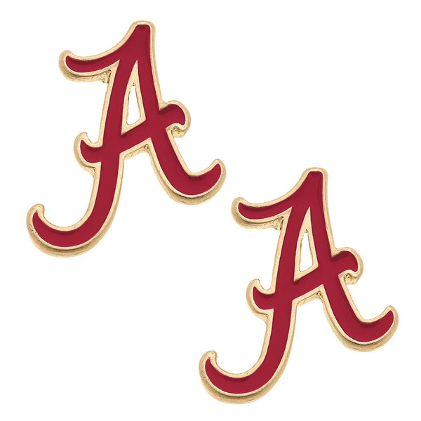 Alabama Crimson Tide Enamel Logo Stud Earrings in Shiny Gold