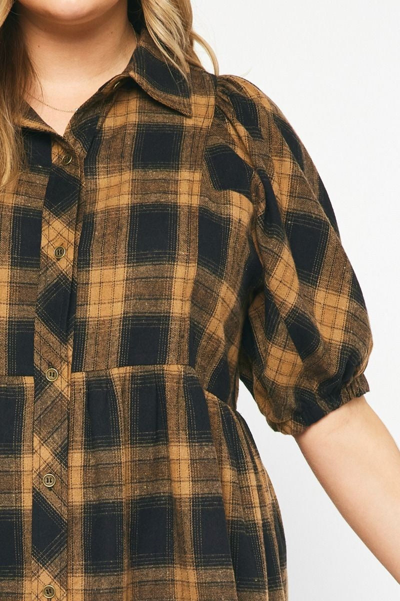 Camel Brown Plaid Button Up Babydoll Dress XL Camel Brown Plaid Button Up Babydoll Dress XL