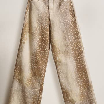 Deer Print Wide Leg Cotton Twill Pants