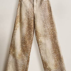 Deer Print Wide Leg Cotton Twill Pants