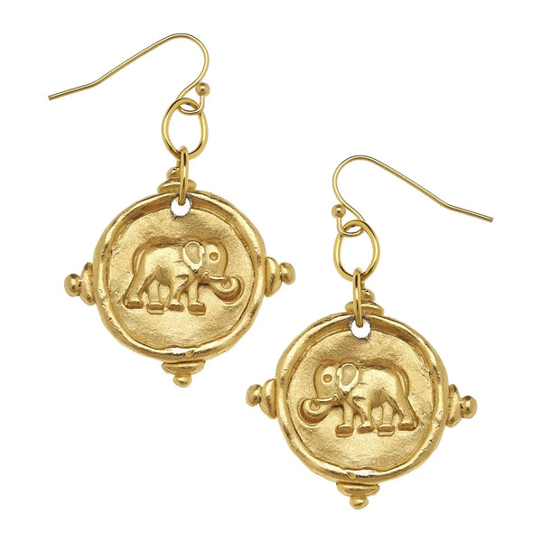 Elephant Intaglio Drop Earrings - Gold
