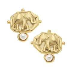 Gold Elephant Intaglio Earrings with Handset Genuine Freshwater Pearl