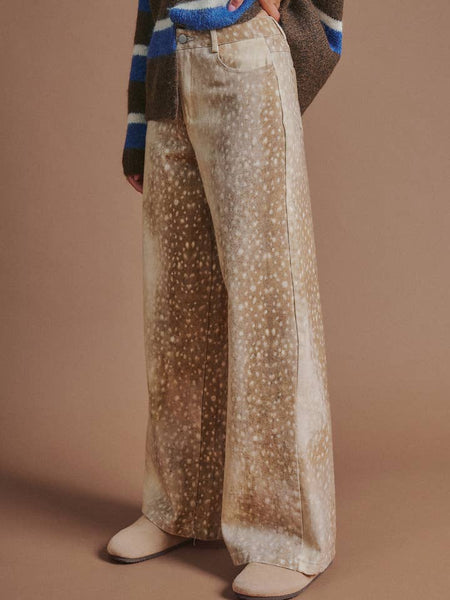 Deer Print Wide Leg Cotton Twill Pants