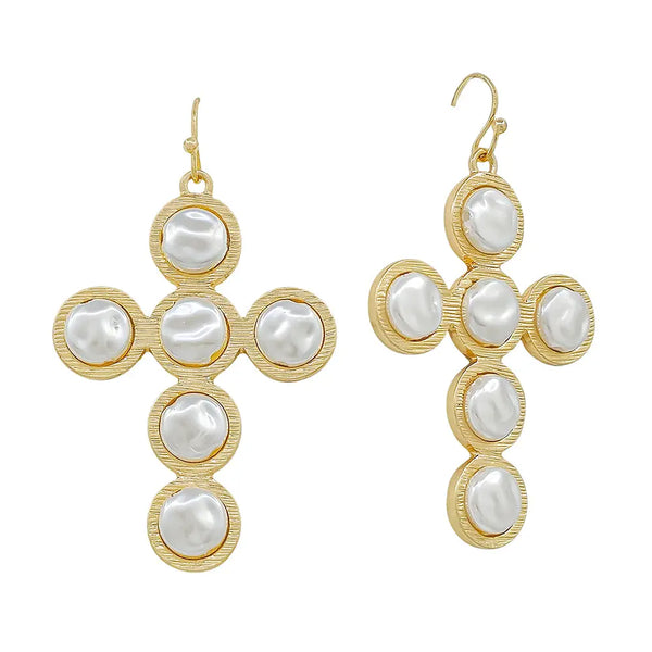 Flat Pearl Cross Earrings