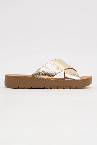 Lucy Gold Cross Strap Slide