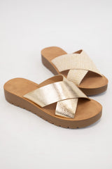 Lucy Gold Cross Strap Slide