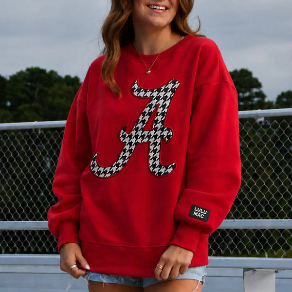 Lulu Mac Houndstooth A Sweatshirt- Crimson