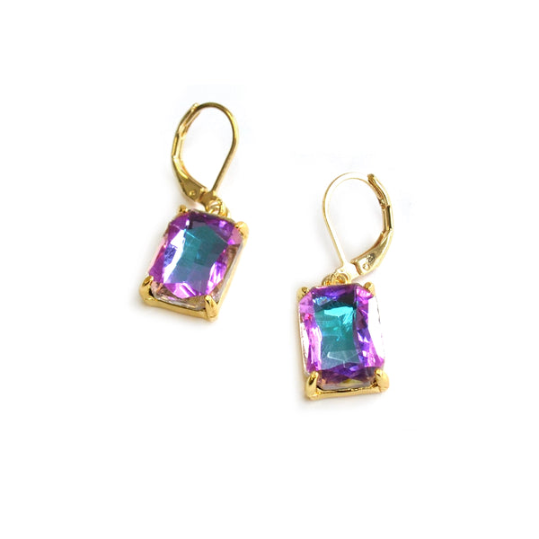 Square Glass Beads Dangle Lever Back Drop Earrings - 7 Colors