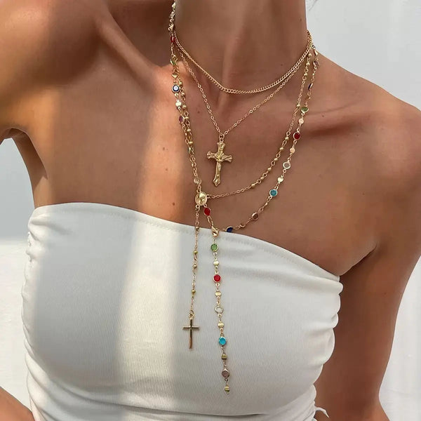 Boho Y Multi Stone Cross Lariat Layer Necklace Set