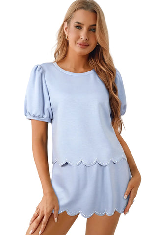 Pearl Scallop Puff Sleeve Top and Skort Set
