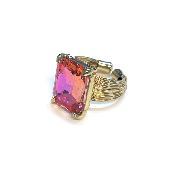 Square Glass Cushion Cut Cocktail Adjustable Wire Ring - 4 Colors