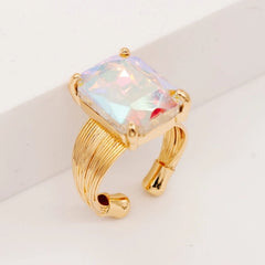 Square Glass Cushion Cut Cocktail Adjustable Wire Ring - 4 Colors