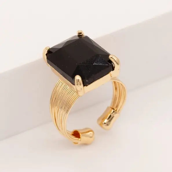 Square Glass Cushion Cut Cocktail Adjustable Wire Ring - 4 Colors