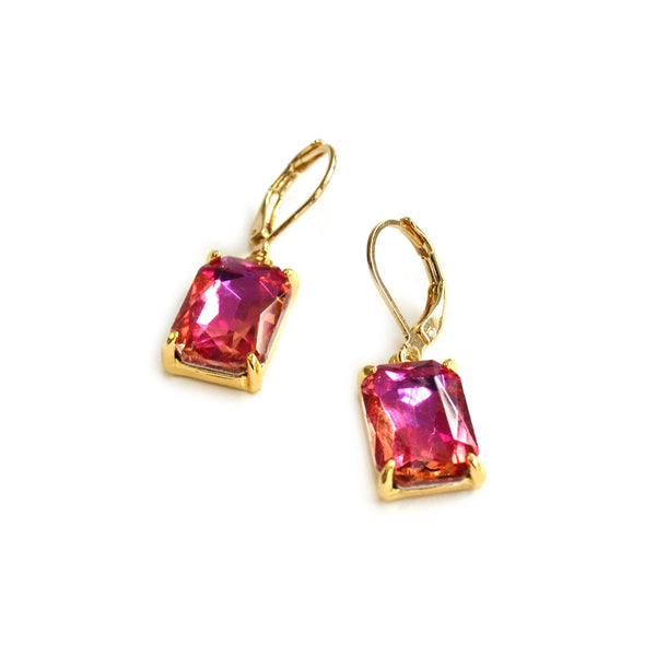 Square Glass Beads Dangle Lever Back Drop Earrings - 7 Colors
