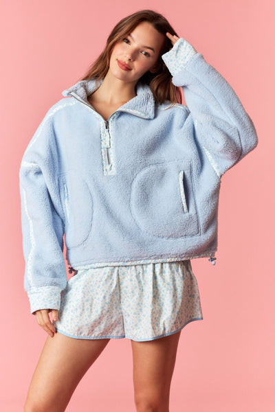 Blue Ditsy Floral Fleece Zip Up Shorts Set