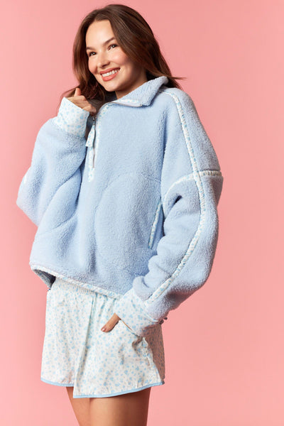 Blue Ditsy Floral Fleece Zip Up Shorts Set