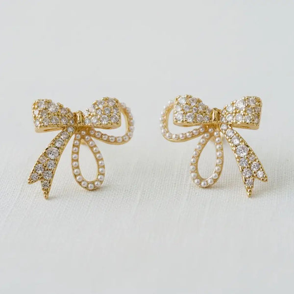 Vintage Inspired Pearl and Cubic Zirconia Bowknot Earrings