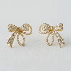 Vintage Inspired Pearl and Cubic Zirconia Bowknot Earrings