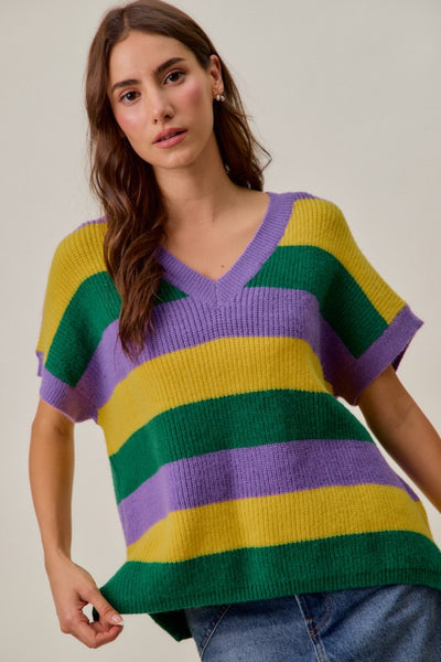 Mardi Gras V-Neck Striped Sweater