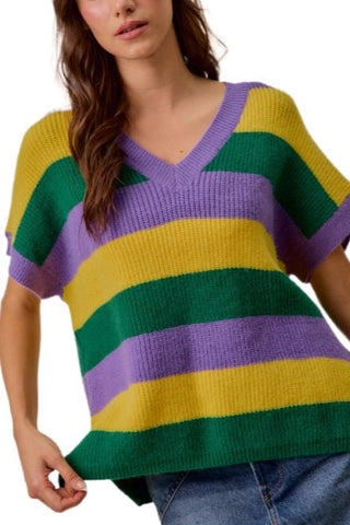 Mardi Gras V-Neck Striped Sweater