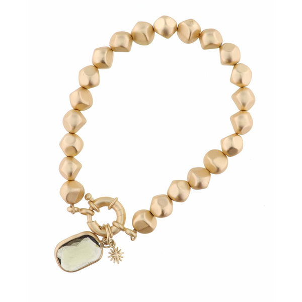 Jane Marie BRONZE ROUNDED RECTANGLE WITH STAR CHARM ON GOLD BEADED STRAND BRACELET