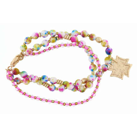 Jane Marie SET OF 3, LIGHT PINK & CANDY JADE BEADS WITH GOLD SQUARE CROSS BRACELET