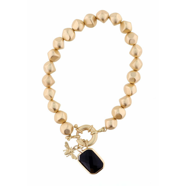 Jane Marie JET ROUNDED RECTANGLE WITH BEE CHARM ON GOLD BEADED STRAND BRACELET