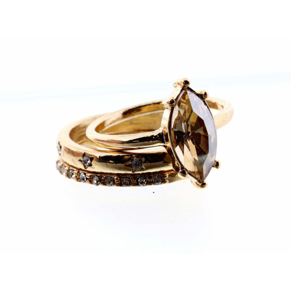 Jane Marie SET OF 3, CHAMPAGNE MARQUISE AND CLEAR CRYSTAL & GOLD BANDS RING