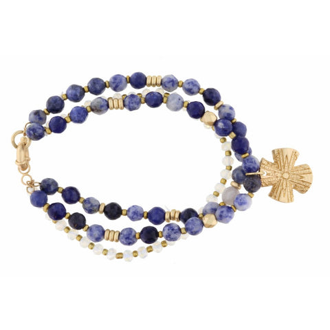 Jane Marie SET OF 3, WHITE & BLUE JASPER BEADS WITH GOLD TEXTURED CROSS BRACELET