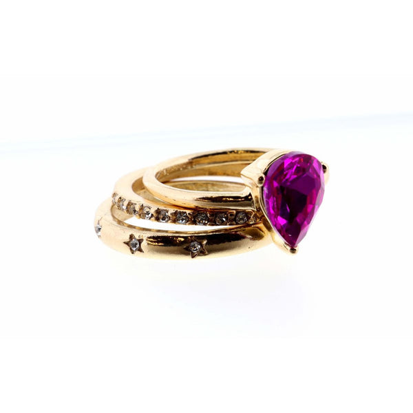 Jane Marie SET OF 3, HOT PINK TEARDROP AND CLEAR CRYSTAL & GOLD BANDS RING